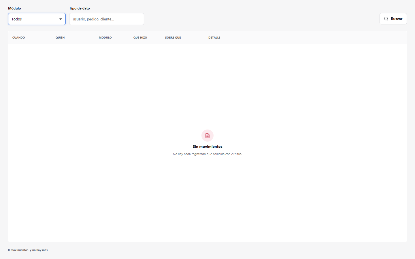 Pantalla de Historial de cambios en Foodly