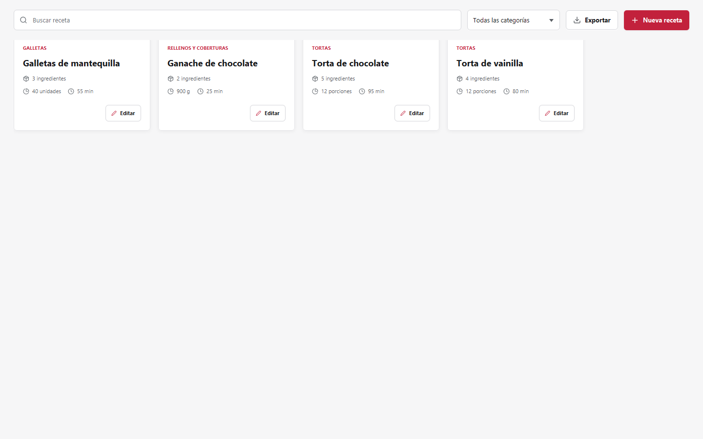 Pantalla de Recetas en Foodly