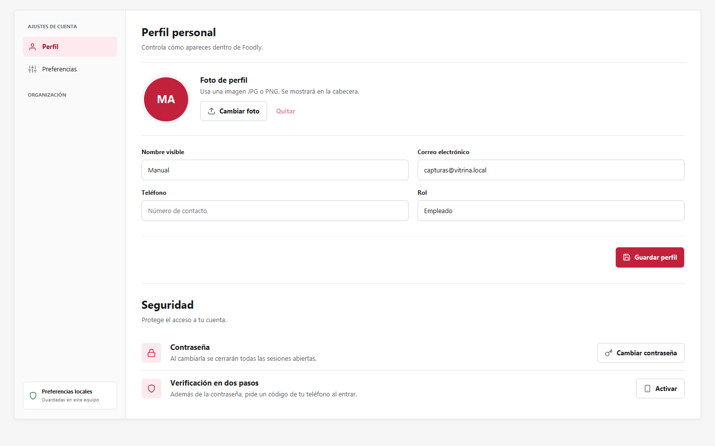 Pantalla de Configuración en Foodly